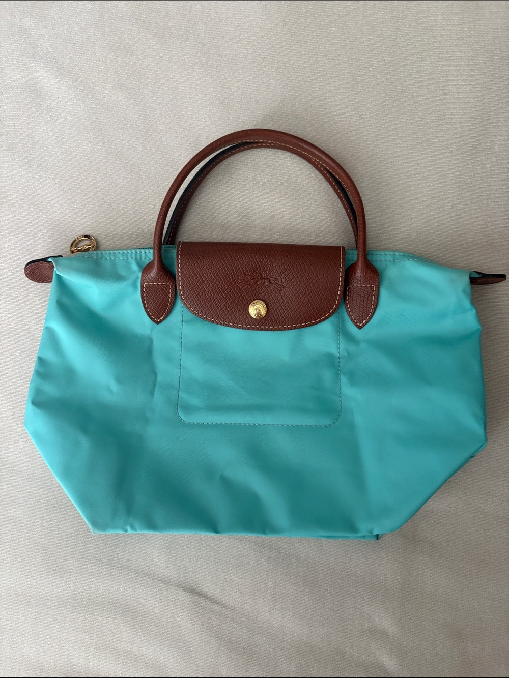 Longchamp Small Le Pliage Tote in Turquoise with Brown Trim